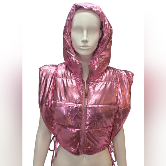 Jackets & Blazers - Metallic Pink Cropped Hooded Puffer Poncho, Ties On Sides Size Small